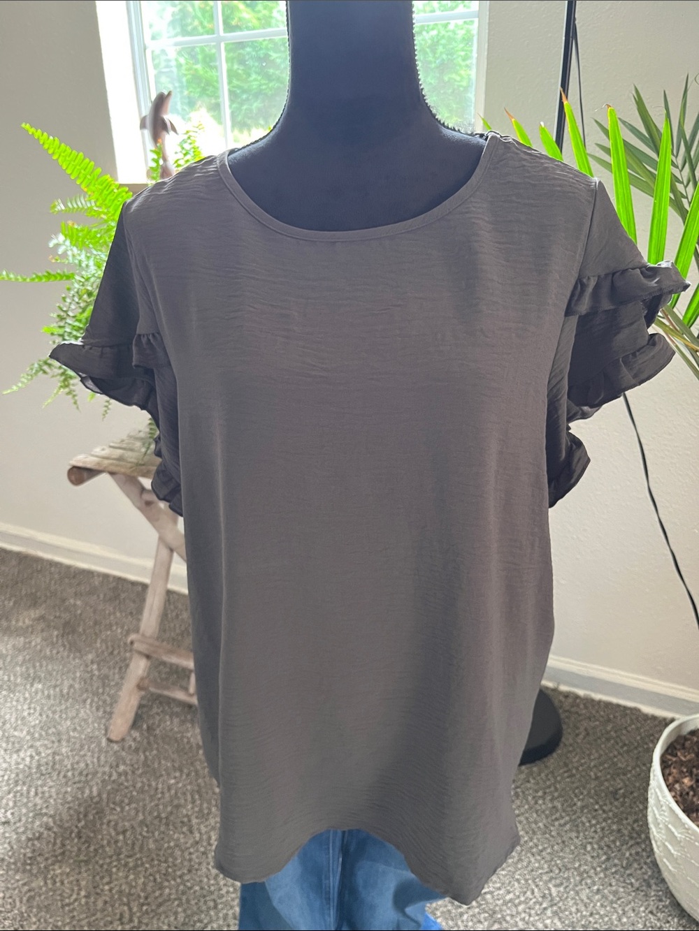 Womens Charcoal Ruffle Short Sleeve Blouse
